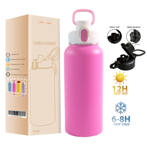 32 oz water bottles with push button lid stainless steel bottle leak proof wide mouth sports bottle