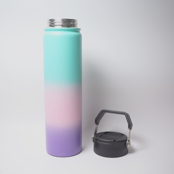 water bottle 25oz wide mouth double wall stainless steel handle flap cover lid vacuum insulated keep hot & cold flask thermos