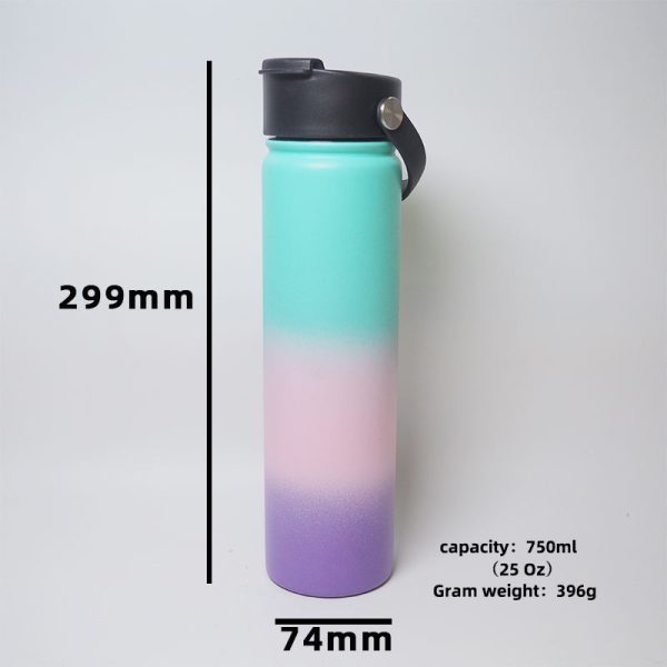 750ml water bottle 25oz wide mouth double wall stainless steel handle flap cover lid vacuum insulated keep hot & cold flask thermos